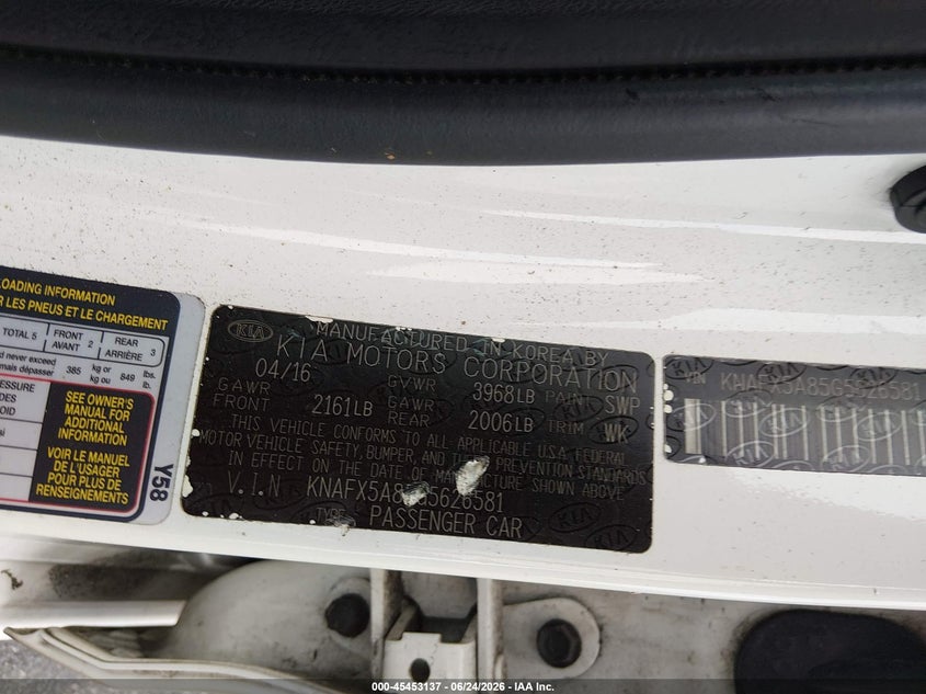 2016 Kia Forte VIN KNAFX5A85G5626581 IAAI salvage auction — RIGHT FRONT, Rebuildable (Florida), sold $700 on 2026-07-15 (photo 9)
