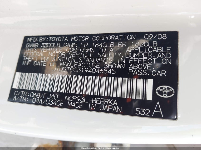2009 Toyota Yaris VIN JTDBT903194046845 IAAI salvage auction — RIGHT SIDE, Clear (New York), sold $375 on 2026-07-14 (photo 9)