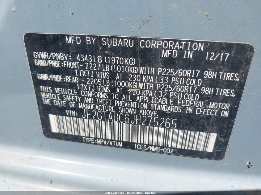 2018 Subaru Crosstrek VIN JF2GTABC6JH275265 IAAI salvage auction — NORMAL WEAR, Clear (Indiana), sold $1,025 on 2026-07-22 (photo 9)