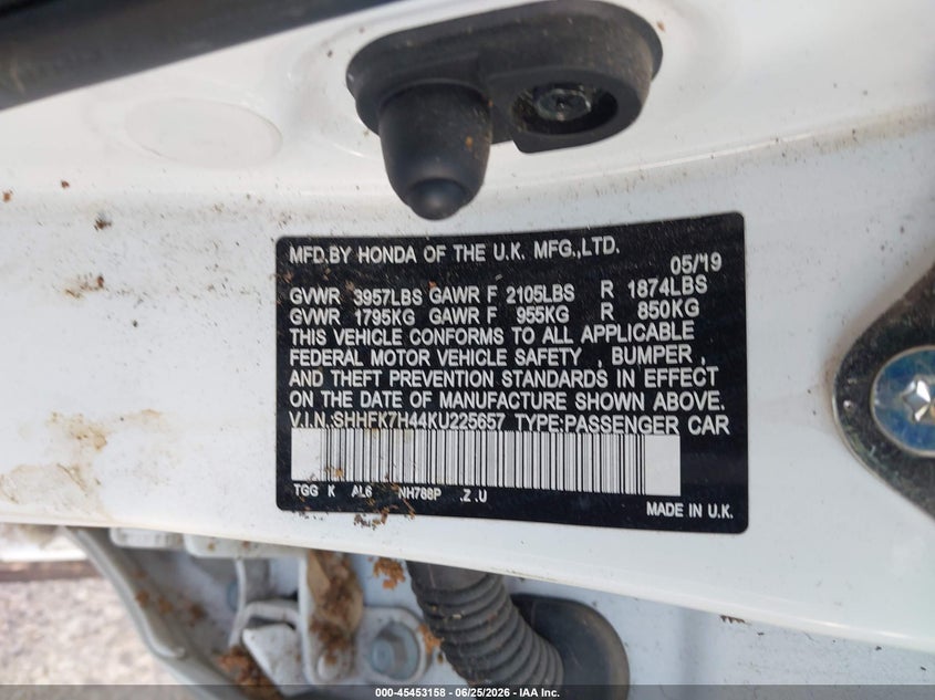 2019 Honda Civic VIN SHHFK7H44KU225657 IAAI salvage auction — NORMAL WEAR, Original (Texas), sold $1,275 on 2026-07-28 (photo 9)