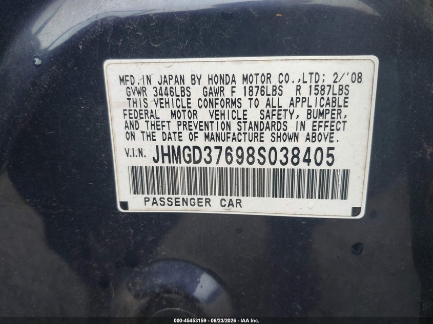 2008 Honda Fit VIN JHMGD37698S038405 IAAI salvage auction — LEFT SIDE, Salvage (Pennsylvania), sold $575 on 2026-07-10 (photo 9)