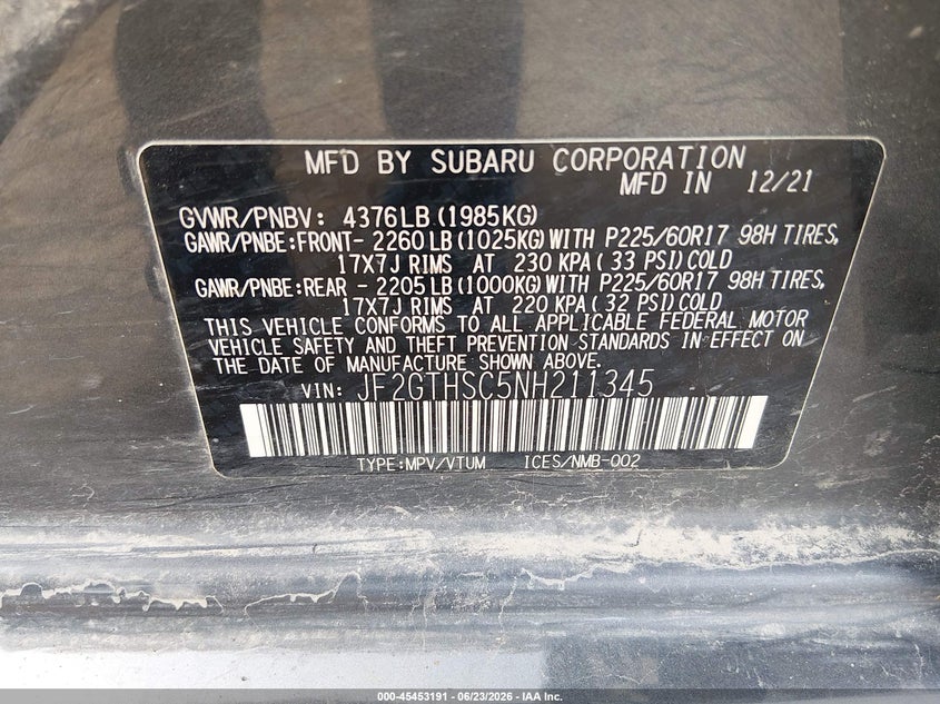 2022 Subaru Xv VIN JF2GTHSC5NH211345 IAAI salvage auction — FRONT END, Salvage (Nebraska), sold $2,600 on 2026-07-24 (photo 9)
