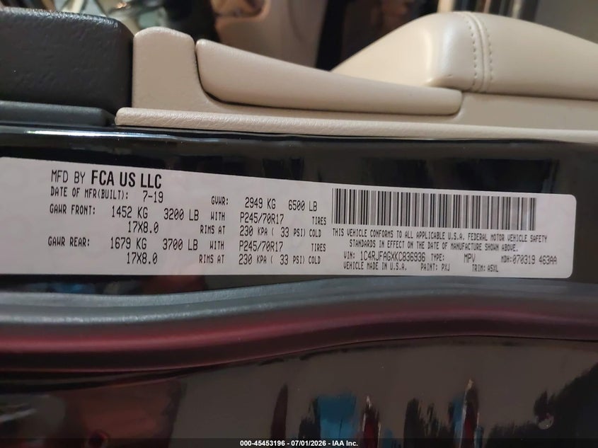 2019 Jeep Grand cherokee VIN 1C4RJFAGXKC836936 IAAI salvage auction — NORMAL WEAR, Sf97 (Maryland), sold $13,300 on 2026-07-27 (photo 9)