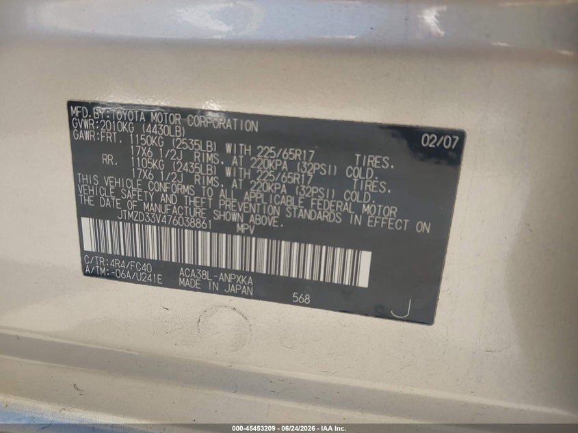 2007 Toyota Rav 4 VIN JTMZD33V476038861 IAAI salvage auction — SIDE, Salvage - Greater Than 75% (Maryland), sold $1,600 on 2026-07-21 (photo 9)