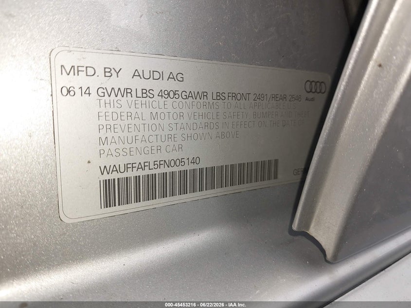 2015 Audi A4 VIN WAUFFAFL5FN005140 IAAI salvage auction — LEFT FRONT, Mv-907A (New York), sold $2,150 on 2026-07-08 (photo 9)