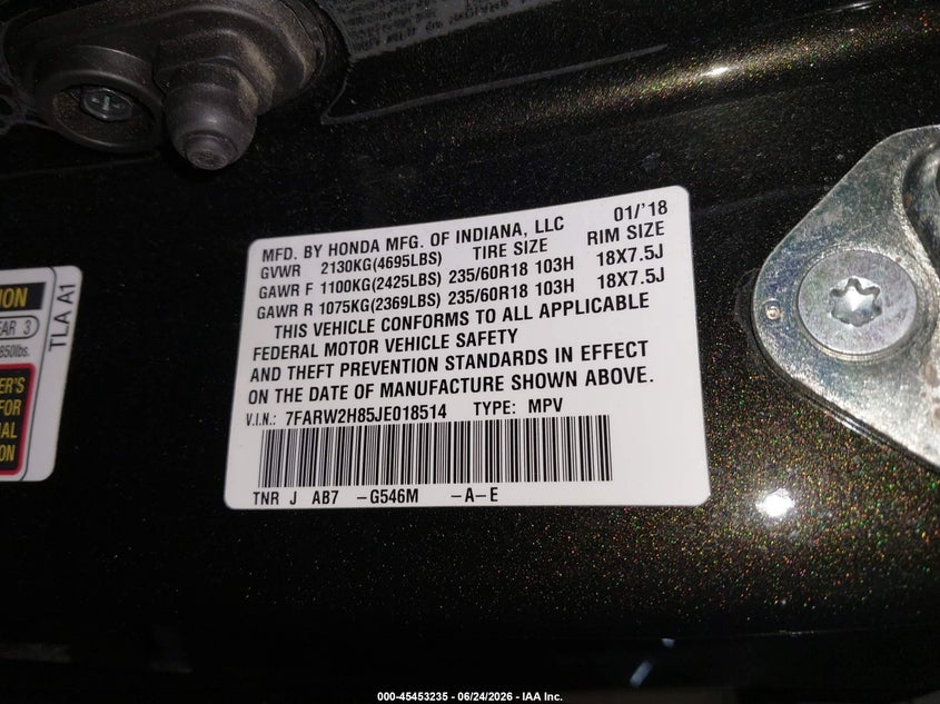 2018 Honda Cr-v VIN 7FARW2H85JE018514 IAAI salvage auction — SIDE, Salvage (Pennsylvania), sold $6,900 on 2026-07-09 (photo 9)