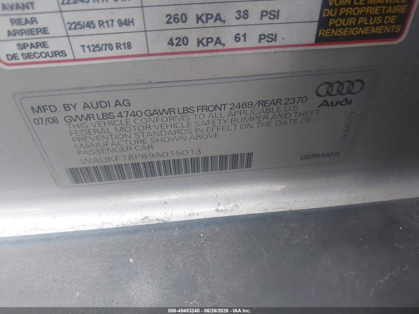 2009 Audi A3 VIN WAUKF78P89A015013 IAAI salvage auction — RIGHT SIDE, Mv-907A (New York), sold $425 on 2026-07-14 (photo 9)