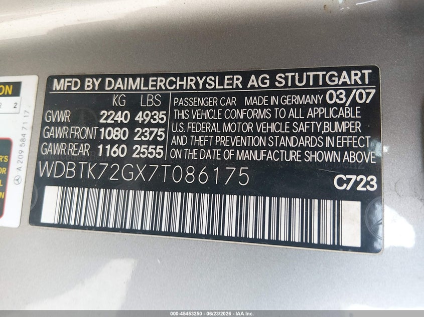 2007 Mercedes-benz Clk-class VIN WDBTK72GX7T086175 IAAI salvage auction — NORMAL WEAR, Clear (Louisiana), sold $1,050 on 2026-07-13 (photo 9)