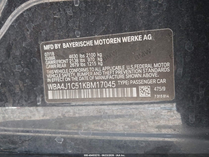 2019 BMW 4er VIN WBA4J1C51KBM17045 IAAI salvage auction — WATER/FLOOD, Salvage (Mississippi), sold $4,575 on 2026-08-21 (photo 9)
