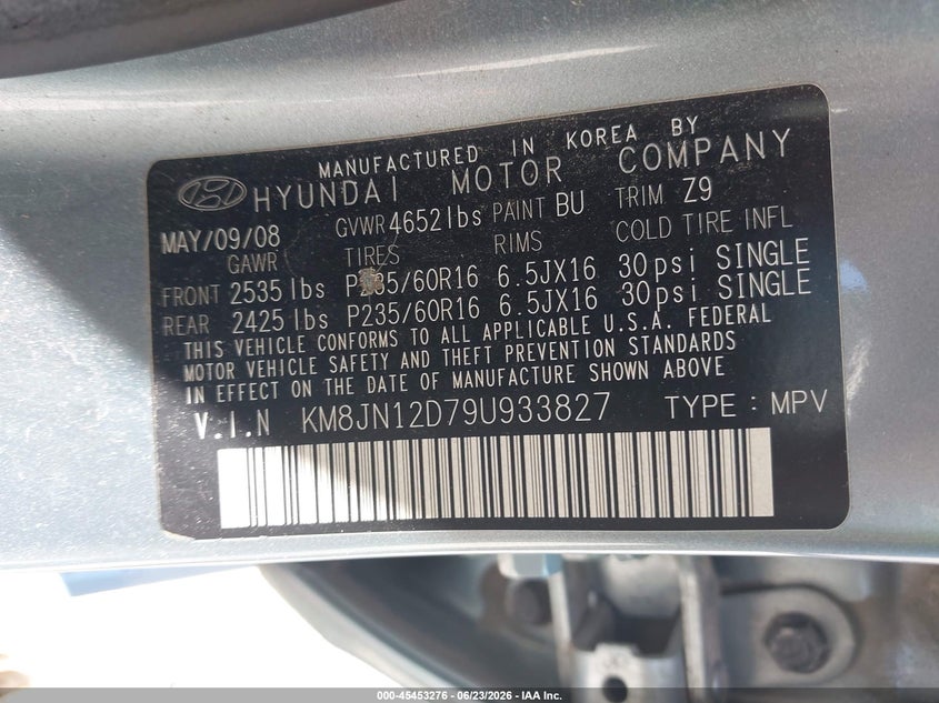 2009 Hyundai Tucson VIN KM8JN12D79U933827 IAAI salvage auction — FRONT END, Salvage (Illinois), sold $1,150 on 2026-08-02 (photo 9)