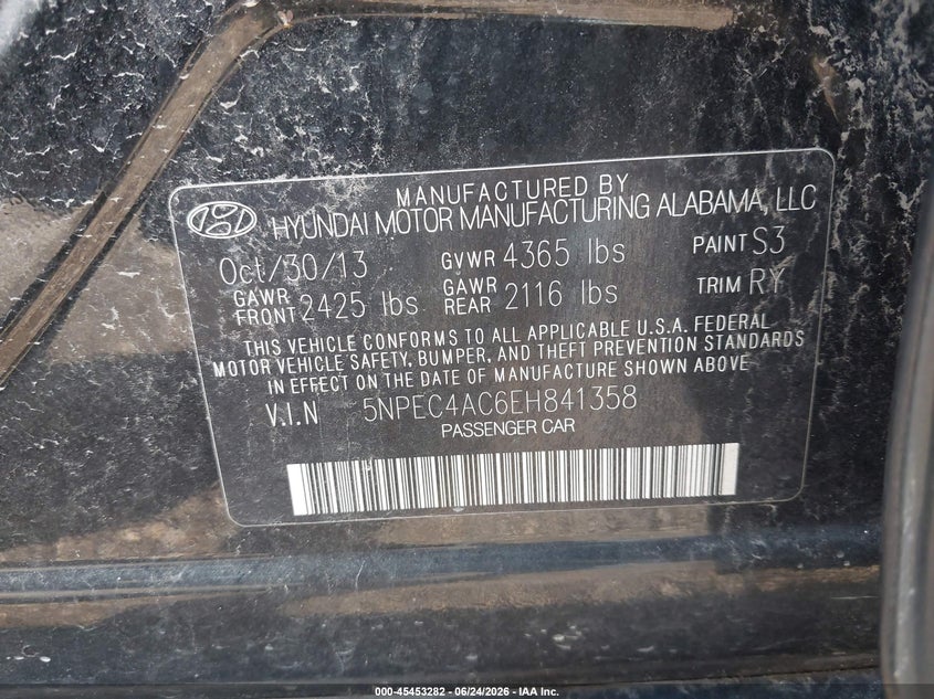 2014 Hyundai Sonata VIN 5NPEC4AC6EH841358 IAAI salvage auction — REAR END, Salvage (Texas), sold $675 on 2026-07-29 (photo 9)