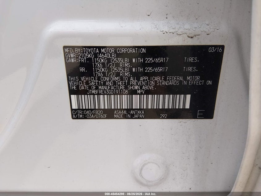2016 Toyota Rav 4 VIN JTMBFREV3GD191108 IAAI salvage auction — RIGHT SIDE, Salvage Title, sold $4,450 on 2026-07-23 (photo 9)