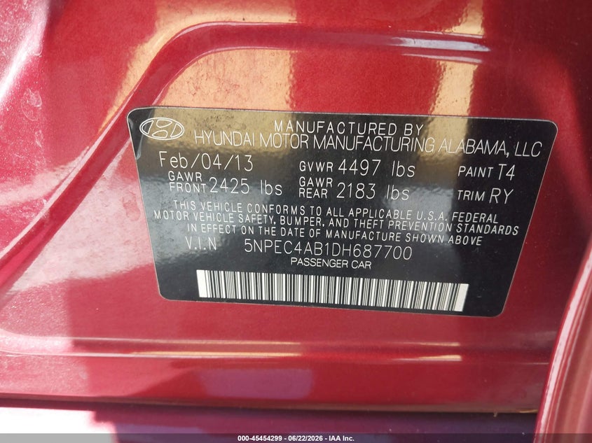 2013 Hyundai Sonata VIN 5NPEC4AB1DH687700 IAAI salvage auction — NORMAL WEAR, Clear - Dealer Only (California), sold $600 on 2026-07-09 (photo 9)