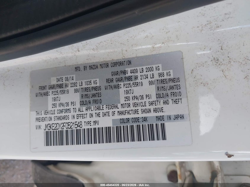 2015 Mazda Cx-5 VIN JM3KE2DY2F0521548 IAAI salvage auction — REAR END, Salvage Title, sold $3,500 on 2026-07-21 (photo 9)