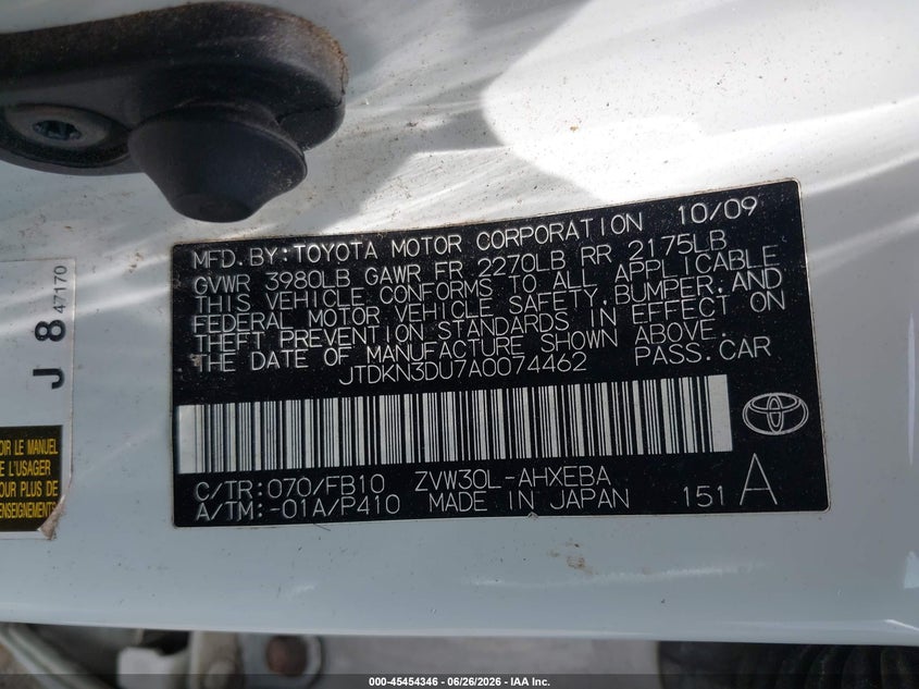 2010 Toyota Prius VIN JTDKN3DU7A0074462 IAAI salvage auction — FRONT & REAR, Salvage (Virginia), sold $400 on 2026-07-29 (photo 9)