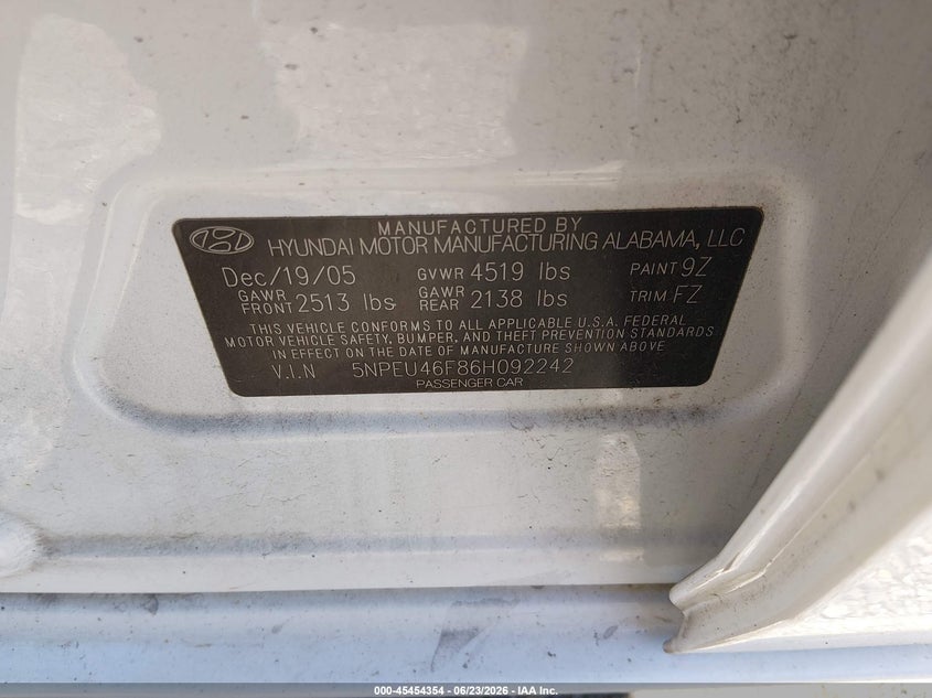 2006 Hyundai Sonata VIN 5NPEU46F86H092242 IAAI salvage auction — REAR END, Clear (Indiana), sold $325 on 2026-07-22 (photo 9)