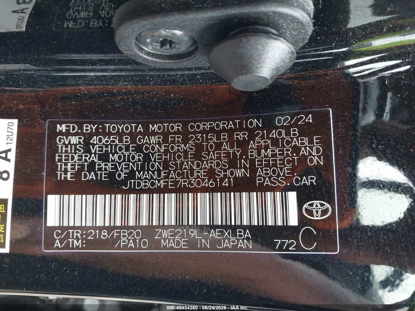 2024 Toyota Corolla VIN JTDBCMFE7R3046141 IAAI salvage auction — REAR END, Salvage (Kansas), sold $25 on 2026-07-22 (photo 9)