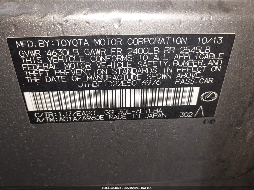 2014 Lexus Is VIN JTHBF1D22E5016976 IAAI salvage auction — REAR END, Salvage (Pennsylvania), sold $3,050 on 2026-07-31 (photo 9)