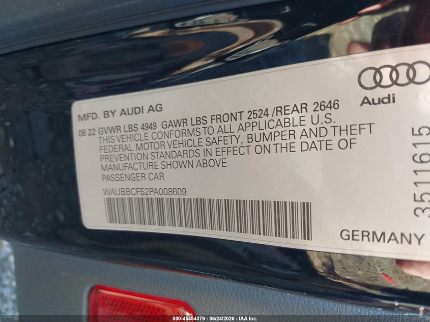 2023 Audi A5 VIN WAUBBCF52PA008609 IAAI salvage auction — FRONT END, Salvage (Virginia), sold $15,600 on 2026-07-13 (photo 9)