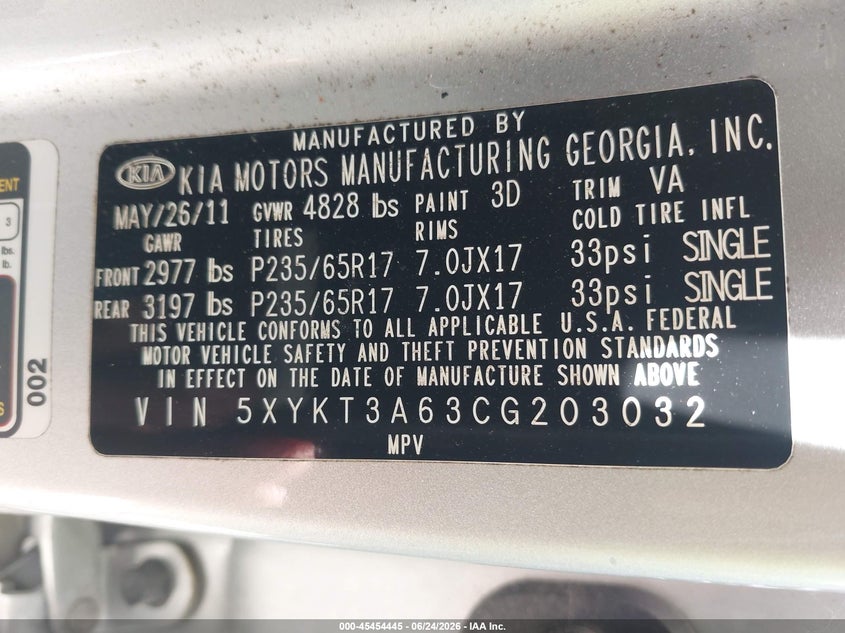 2012 Kia Sorento VIN 5XYKT3A63CG203032 IAAI salvage auction — FRONT END, Salvage Title, sold $25 on 2026-07-29 (photo 9)