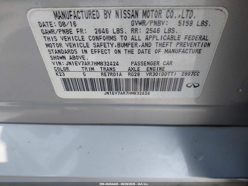 2017 Infiniti Q50 VIN JN1EV7AR7HM832424 IAAI salvage auction — NORMAL WEAR, Salvage Rebuilt (North Carolina), sold $1,500 on 2026-07-20 (photo 9)