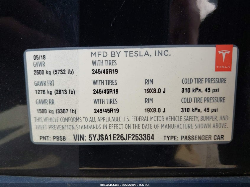 2018 Tesla Model s VIN 5YJSA1E26JF253364 IAAI salvage auction — LEFT SIDE, Salvage (Arizona), sold $4,200 on 2026-07-27 (photo 9)