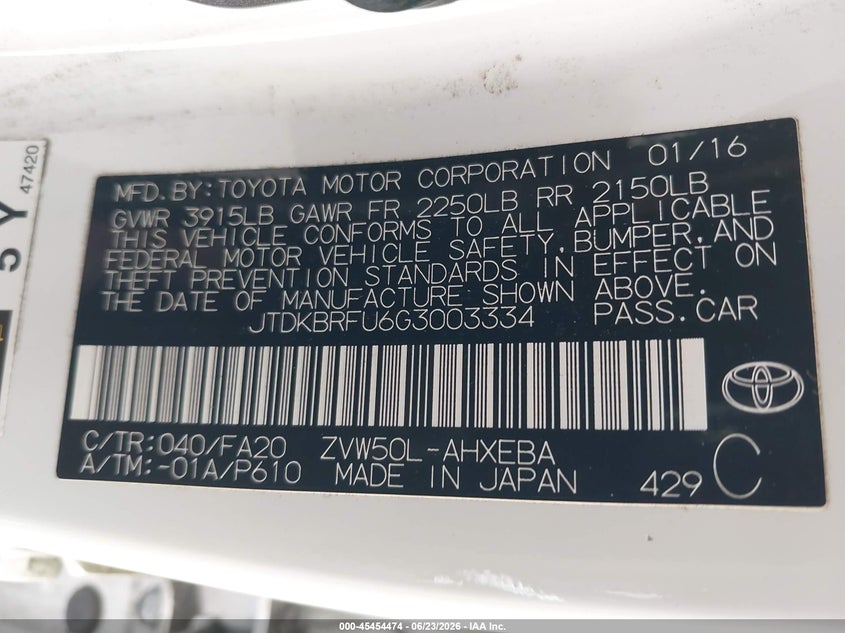 2016 Toyota Prius VIN JTDKBRFU6G3003334 IAAI salvage auction — FRONT END, Salvage Title, sold $2,800 on 2026-07-16 (photo 9)