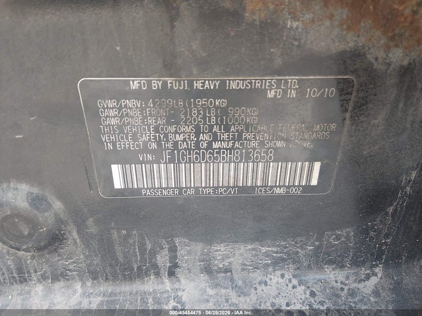 2011 Subaru Impreza VIN JF1GH6D65BH813658 IAAI salvage auction — FRONT & REAR, Salvage (Ohio), sold $250 on 2026-07-28 (photo 9)