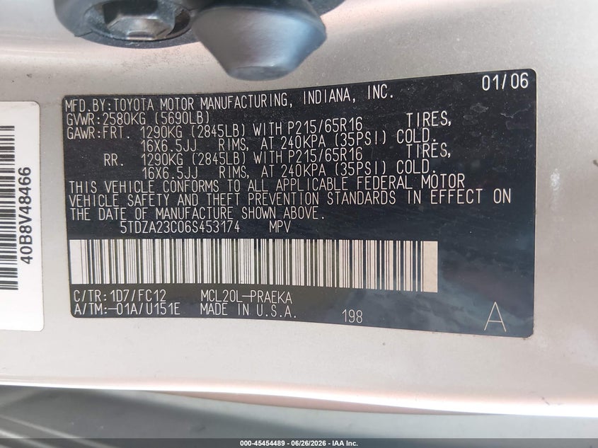 2006 Toyota Sienna VIN 5TDZA23C06S453174 IAAI salvage auction — NORMAL WEAR, Clear-Dealer Only (Arizona), sold $400 on 2026-07-28 (photo 9)