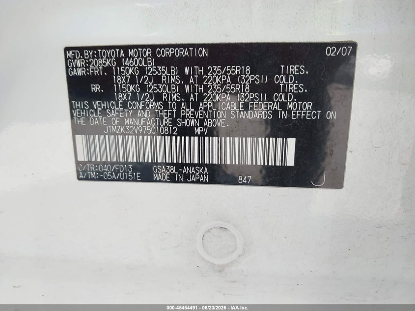 2007 Toyota Rav4 VIN JTMZK32V975010812 IAAI salvage auction — FRONT END, Salvage (Missouri), sold $900 on 2026-07-30 (photo 9)