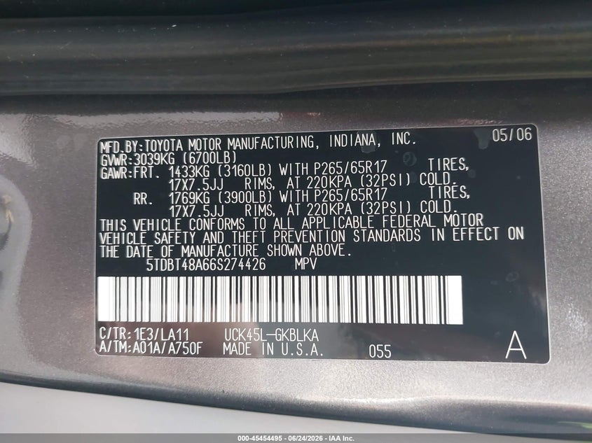 2006 Toyota Sequoia VIN 5TDBT48A66S274426 IAAI salvage auction — FRONT END, Salvage (Arizona), sold $775 on 2026-07-28 (photo 9)