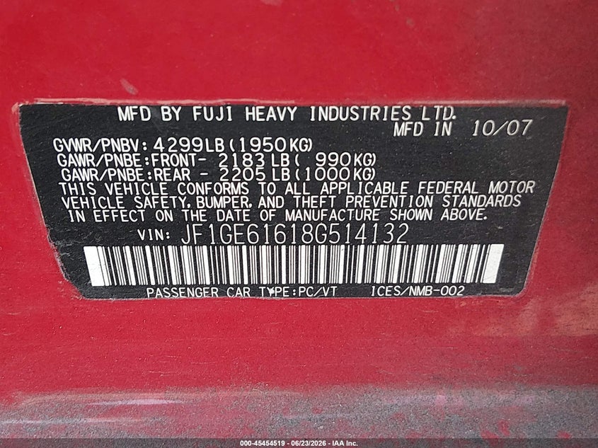 2008 Subaru Impreza VIN JF1GE61618G514132 IAAI salvage auction — RIGHT SIDE, Bill Of Sale (Washington), sold $275 on 2026-07-22 (photo 9)