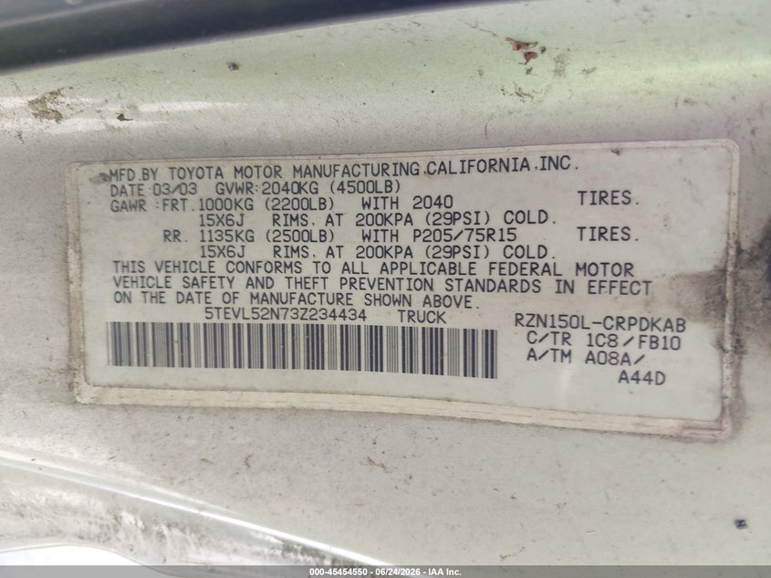 2003 Toyota Tacoma VIN 5TEVL52N73Z234434 IAAI salvage auction — NORMAL WEAR, Clear (Pennsylvania), sold $1,350 on 2026-07-29 (photo 9)