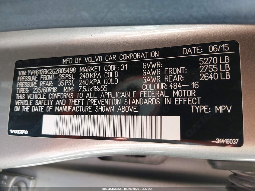 2016 Volvo Xc60 VIN YV4612RK2G2805498 IAAI salvage auction — FRONT END, Salvage Title, sold $2,450 on 2026-08-15 (photo 9)
