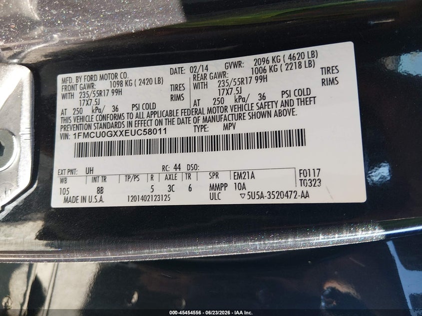 2014 Ford Escape VIN 1FMCU0GXXEUC58011 IAAI salvage auction — REAR END, Salvage (Ohio), sold $375 on 2026-07-11 (photo 9)