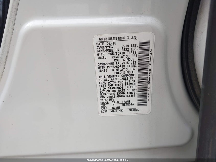 2011 Infiniti Fx35 VIN JN8AS1MW0BM141461 IAAI salvage auction — REAR END, Salvage (Texas), sold $1,225 on 2026-07-22 (photo 9)