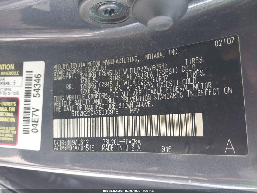 2007 Toyota Sienna VIN 5TDZK22C47S033918 IAAI salvage auction — REAR END, Salvage (Texas), sold $850 on 2026-07-09 (photo 9)