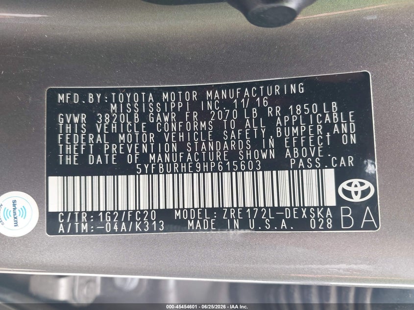 2017 Toyota Corolla VIN 5YFBURHE9HP615603 IAAI salvage auction — WATER/FLOOD, Salvage (Mississippi), sold $4,550 on 2026-07-31 (photo 9)