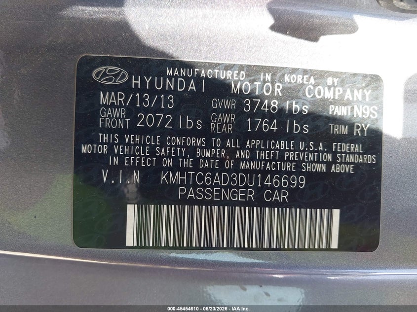 2013 Hyundai Veloster VIN KMHTC6AD3DU146699 IAAI salvage auction — FRONT END, Salvage (Texas), sold $575 on 2026-07-17 (photo 9)