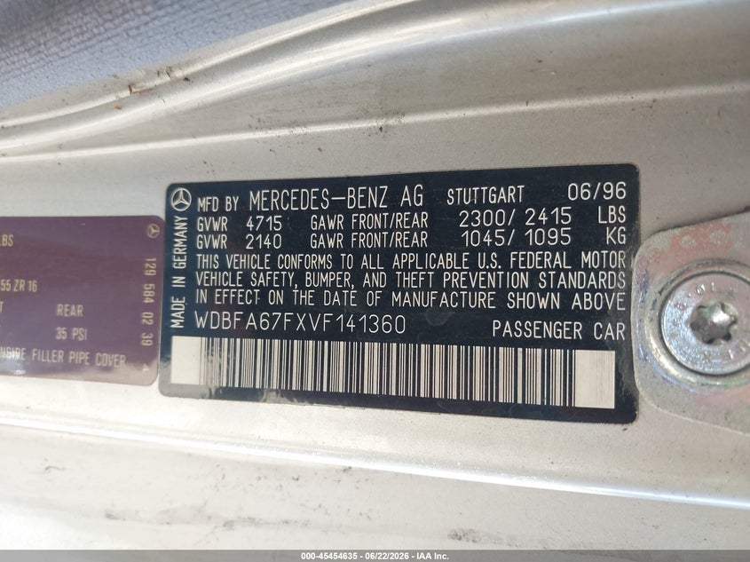 1997 Mercedes-benz Sl-class VIN WDBFA67FXVF141360 IAAI salvage auction — NORMAL WEAR, Clear - Dealer Only (California), sold $25 on 2026-07-29 (photo 9)