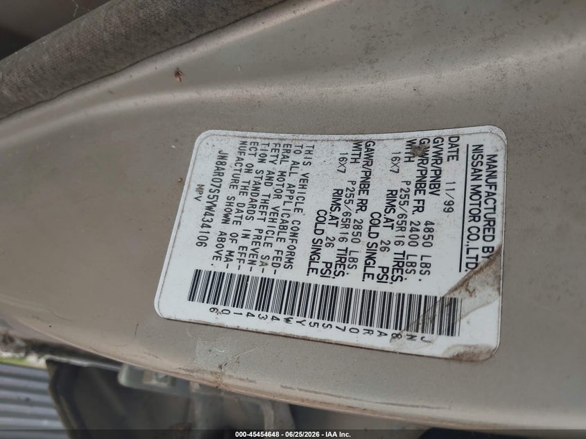 2000 Nissan Pathfinder VIN JN8AR07S5YW434106 IAAI salvage auction — NORMAL WEAR, Original (Texas), sold $125 on 2026-07-09 (photo 9)