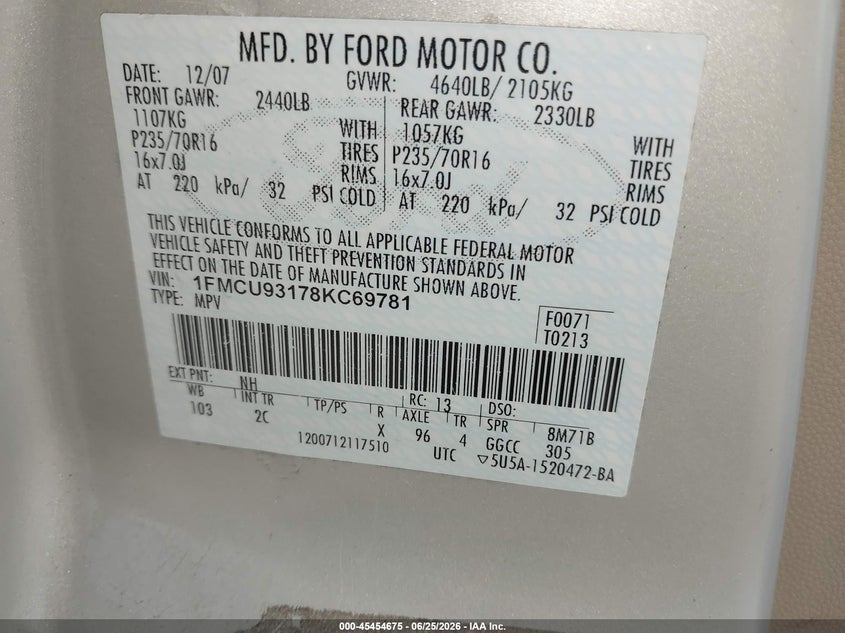 2008 Ford Escape VIN 1FMCU93178KC69781 IAAI salvage auction — NORMAL WEAR, Clear (New Jersey), sold $425 on 2026-07-06 (photo 9)