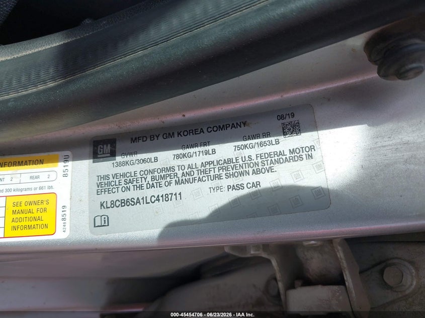 2020 Chevrolet Spark VIN KL8CB6SA1LC418711 IAAI salvage auction — FRONT END, Salvage Title, sold $700 on 2026-07-22 (photo 9)