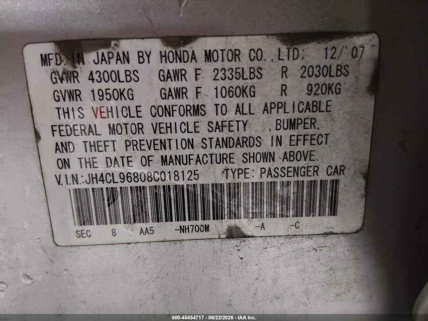 2008 Acura Tsx VIN JH4CL96808C018125 IAAI salvage auction — NORMAL WEAR, Clear (Alabama), sold $325 on 2026-07-29 (photo 9)