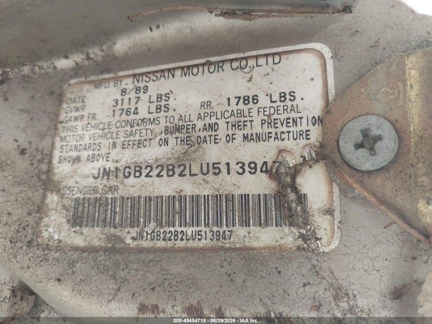 1990 Nissan Sentra VIN JN1GB22B2LU513947 IAAI salvage auction — NORMAL WEAR, Clear (Alabama), sold $225 on 2026-07-08 (photo 9)