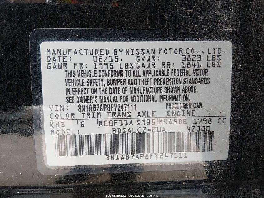 2015 Nissan Sentra VIN 3N1AB7AP8FY247111 IAAI salvage auction — RIGHT FRONT, Salvage (Kansas), sold $350 on 2026-07-24 (photo 9)