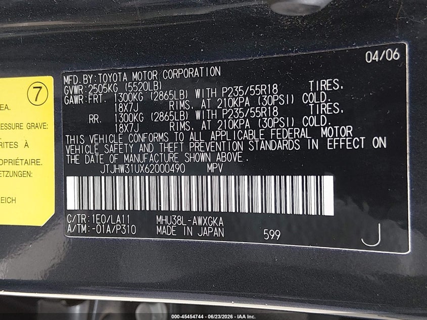 2006 Lexus Rx 400h VIN JTJHW31UX62000490 IAAI salvage auction — NORMAL WEAR, Clear (Washington), sold $500 on 2026-07-08 (photo 9)