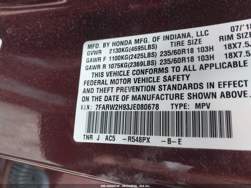 2018 Honda Cr-v VIN 7FARW2H93JE080678 IAAI salvage auction — REAR END, Clear (Wisconsin), sold $11,050 on 2026-07-07 (photo 9)