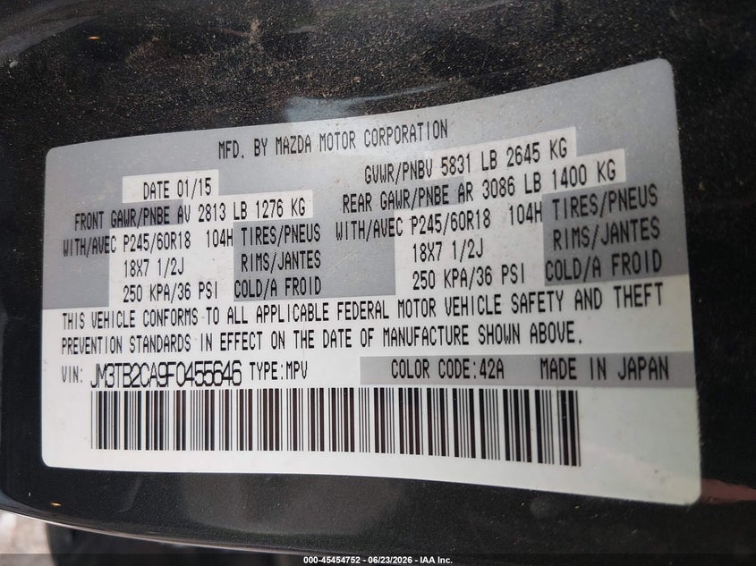 2015 Mazda Cx-9 VIN JM3TB2CA9F0455646 IAAI salvage auction — NORMAL WEAR, Original (Alaska), sold $1,300 on 2026-07-22 (photo 9)
