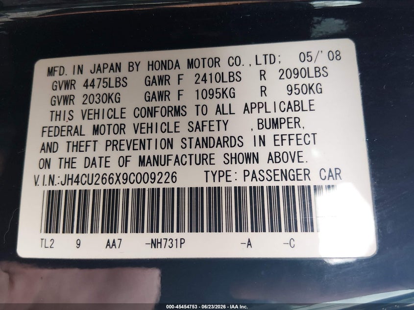 2009 Acura Tsx VIN JH4CU266X9C009226 IAAI salvage auction — NORMAL WEAR, Clear (Massachusetts), sold $425 on 2026-07-10 (photo 9)